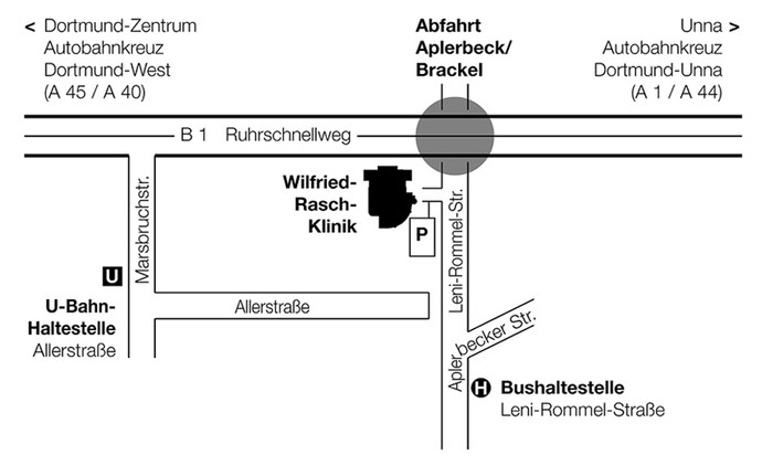 Grafik zeigt Anfahrtskizze zur Wilfried-Rasch-Klinik. Beschreibung siehe unten.